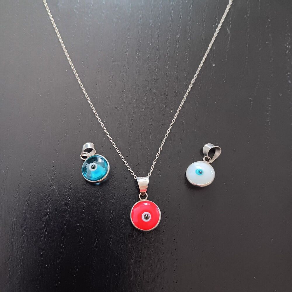 Sterling Silver Red Blue White Evil Eye Necklace Interchangeable Protection